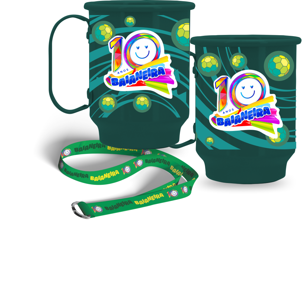 Caneca verde 350ml comemorativa 10 anos Baianeira com tirante