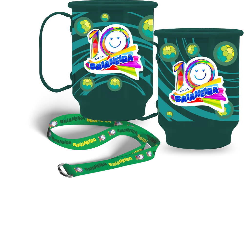 Caneca verde 350ml comemorativa 10 anos Baianeira com tirante