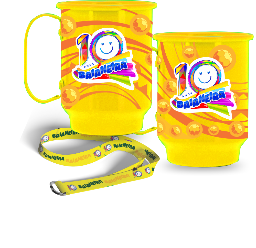 Caneca amarela 350ml comemorativa 10 anos Baianeira com tirante