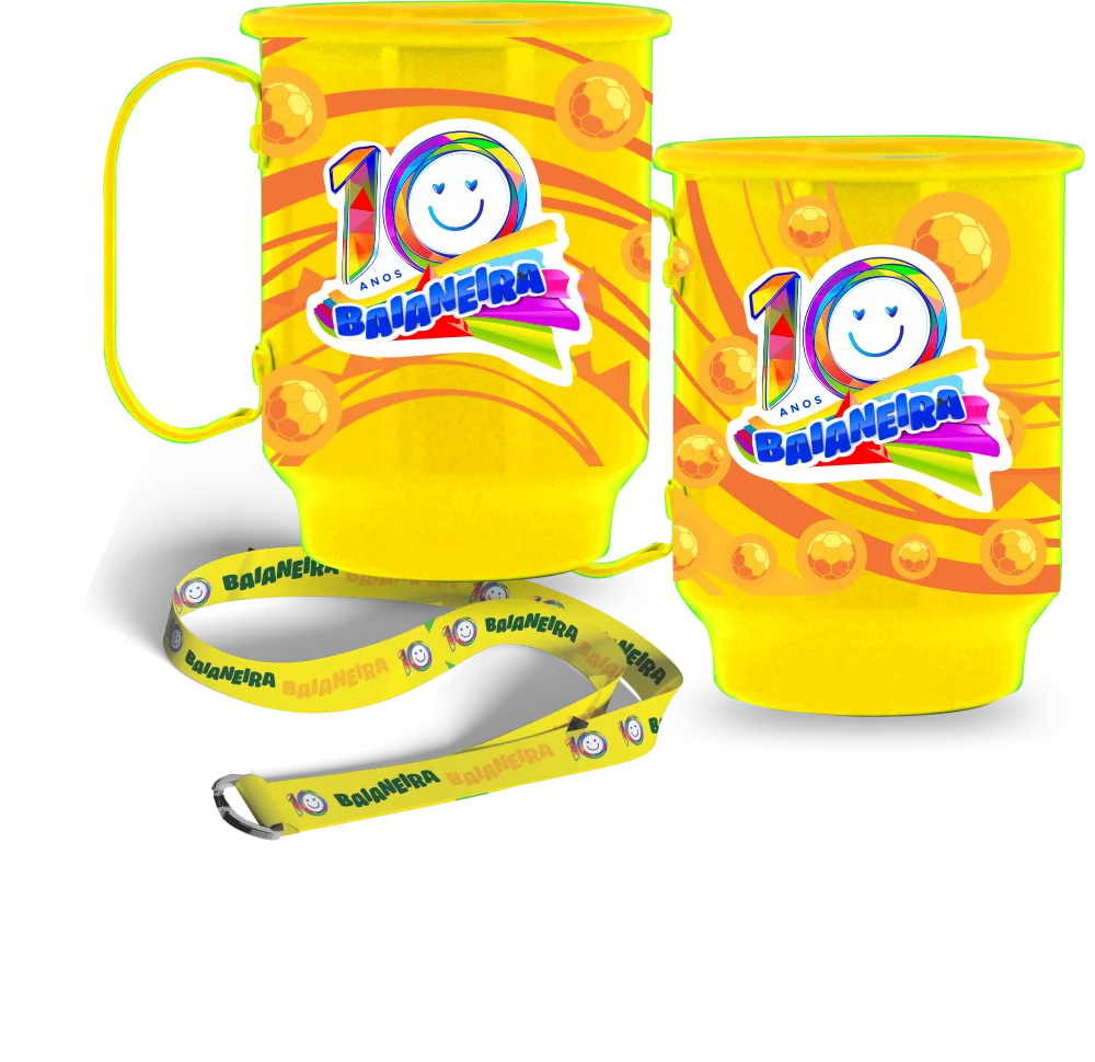 Caneca amarela 350ml comemorativa 10 anos Baianeira com tirante